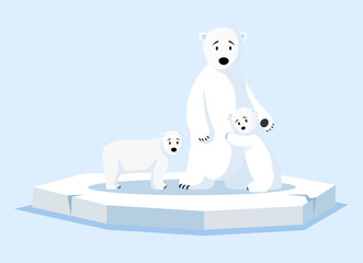 Polar white bear family floating on water on broken ice floe. Wild animal living in antarctica. Large mammal with white fur from north. Melting glacier, climate change and global warming concept