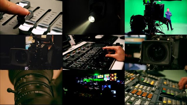 Broadcasting Montage. There are videos about television broadcasting on split screen.