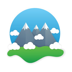 Scenic landscape of mountain range and clouds in the sky. - Vector.