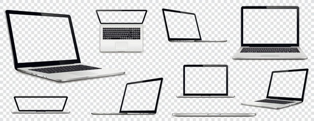 Collection laptop computers with transparent screen on transparent background. Perspective, top and front laptop view with transparent screen. - obrazy, fototapety, plakaty