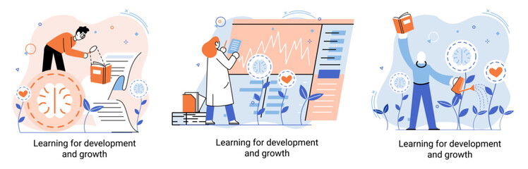 Learning development and growth. Self-learning metaphor, online emoloyee education distance e-learning. Skill improvement. Self development program way to success. Goal achieving professional training