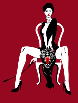 A passionate woman on a red background. A metaphor. Panther.
