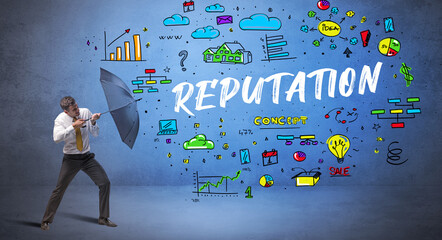 businessman hiding behind umbrella concept