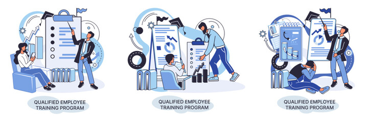 Qualified employee training program. Refresher course metaphor. Help in professional development. Learning for software development and growth. Agile project management team project life scrum meeting