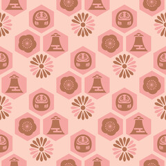 Beautiful japanese seamless pattern with clouds, waves, Daruma,  plum, fan, sakura flower Vector template kimono asian texture. For printing on packaging, textiles, paper,fabric, manufacturing, wallpa