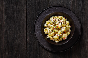 shout hallelujah potato salad in black bowl