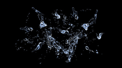 Water Splash with droplets on black background. 3d illustration.