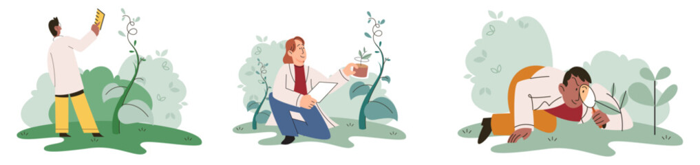 Scientist explores vegetable life and plants in nature. Biologists in forest studying biological species and environment. Explorer conducts experiments takes care of ecology and endangered green herb