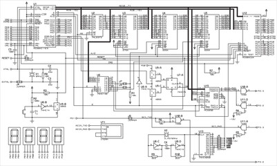 Vector electrical circuit. 
A complex large electrical circuit of an electronic device for data output 
to seven-segment indicators, operating under the control of a microcontroller.