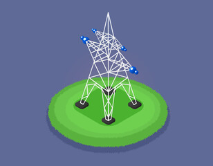 High-voltage power line. Transmission tower with its lines of electric current isometric construction on blue background. Line energy technology and industrial electric, steel construction equipment