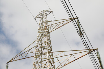 Energy industry, high voltage wires on electrical supports, 
view from bottom to top, no person