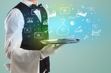 Handsome young waiter in tuxedo holding money icons on tray