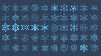 Big set of snowflakes, christmas collection symmetrical snowflake for design, blue illustration