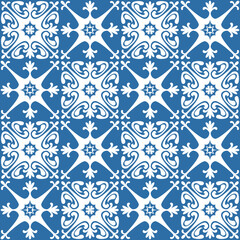 Floral motif for ceramic tiles in Azulejo style, retro blue vector Illustration for design