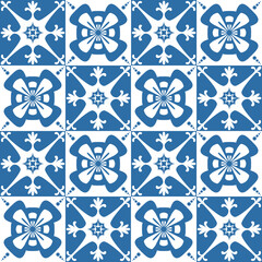 Blue Azulejo square pattern portuguese tiles for wall decor, traditional retro design