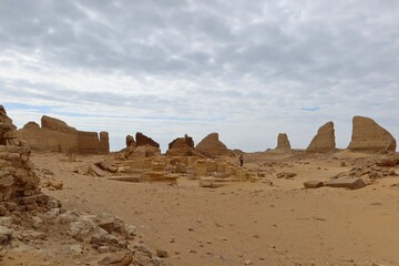 The walls and ruins of Dimeh el Sibaa (Soknopaiou Nesos) in Fayoum city desert in Egypt