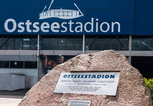 Stone at the entrance to Ostseestadion, home stadium of FC Hansa Rostock. Rostock, Mecklenburg-Vorpommern, Germany - May 2022