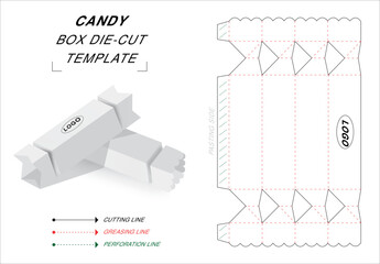 Candy box die cut template with 3D blank vector mockup for sweet packaging