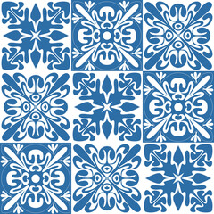 Spanish Azulejo tiles for interior decoration, textiles and design. Vector illustration blue white color square shape