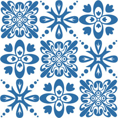 Spanish traditional Azulejo tiles for interior decoration, textiles and design. Vector illustration blue white color square shape