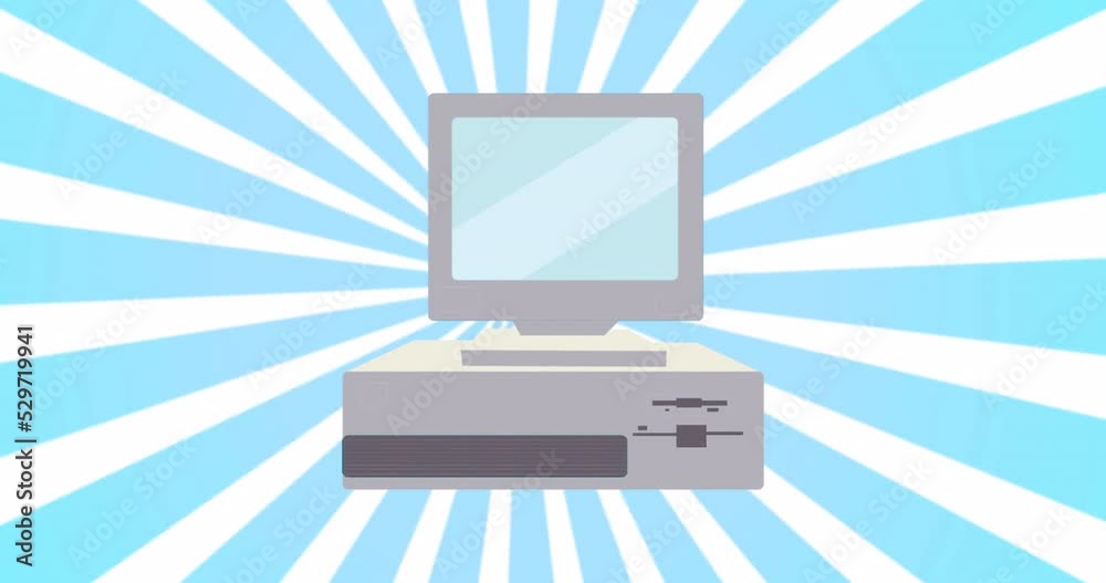 Poster animation motion loop design of an old retro hipster personal computer with a monitor from the 90s, 