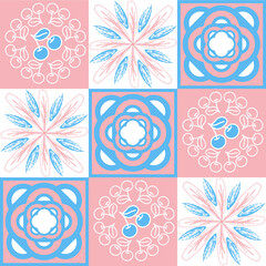 TalaVera de Puebla pastel colored ceramic tile, traditional spanish portuguese pattern for wall and ceramic tile design, pink blue white vector illustration