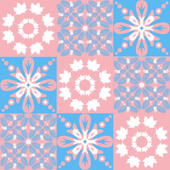 TalaVera de Puebla ceramic tile, portuguese pattern for wall and ceramic tile design, pink blue white vector illustration