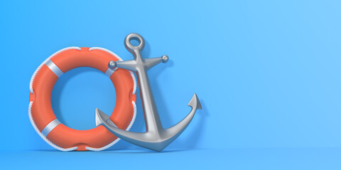 Anchor and lifebuoy on a blue background. 3d render illustration