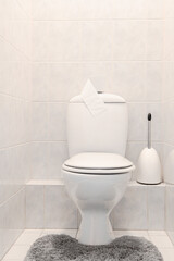 Toilet room in small apartment , classic white ceramic toilet bowl with old time water tank tissue paper roll, cleaning  brush and carpet on the floor.  