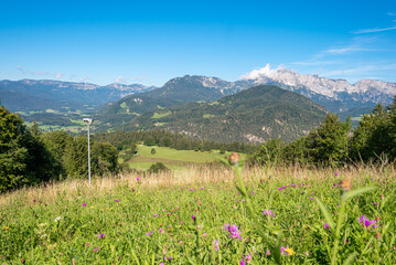Panoramic view of the Berchtesgaden Alps with the Berchtesgaden Hochthron as the highest peak of the Untersberg massif in the Northern Limestone Alps named after the market town of Berchtesgaden 