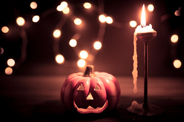 Halloween pumpkin wallpaper with candle and string lights bokeh in the background. Toned vintage colors.