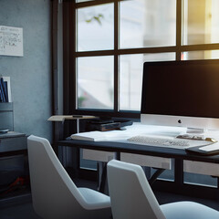 Obraz na płótnie Canvas Modern Office with Desk, Computer and Chairs. 
