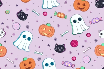 Foto op Aluminium Cute Halloween seamless pattern inspired by sweet cookies. Original vector illustrations in cartoon retro style perfect for baby or kids products, fabric, packaging or any celebration products. © ChristinaMM