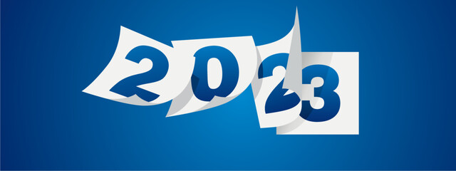 Happy New Year 2023 winter holiday greeting card design template on blue background. New Year 2023 start concept. Calendar pages turn in the wind and the new year begins