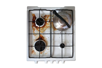 Dirty splattered unwashed gas stove, top view, isolate. Four-burner stove with old kettle, on a...