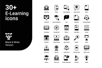 E-Learning icons set. icons include search, translator, growth, lecture, study, tools, library, eBook, homework, with elements for mobile concepts and web apps.