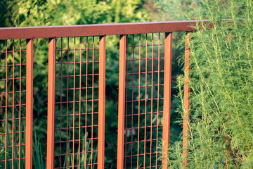 Red metal fence in a private garden. Garden natural background.