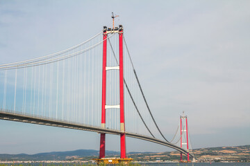 1915 Canakkale Bridge in Canakkale, Turkey. World's longest suspension bridge. 1915 Canakkale Bridge connects Lapseki to Gelibolu. June 2022