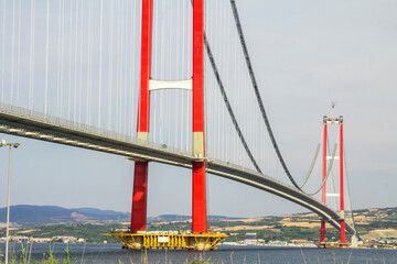 1915 Canakkale Bridge in Canakkale, Turkey. World's longest suspension bridge. 1915 Canakkale Bridge connects Lapseki to Gelibolu. June 2022