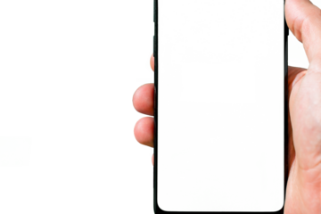 Cropped image of a hand holding a smartphone with a transparent background for editing and copy space on screen.