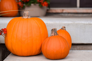Orange pumpkins on display on steps of front porch of a house
