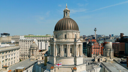 Naklejka premium The dome of Port of Liverpool Building at Pier Head - aerial view - drone photography