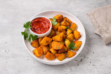 Traditional Spanish potato, patatas bravas with smoked paprika, spicy tomato sauce and parsley in a...