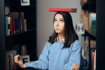 Studious Woman Balancing a Book on her Head Sitting in a Library. Funny girl studying looking for...