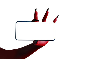 Scary female monster hands halloween character red color isolated on white background, holding...