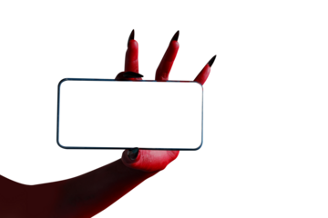 Scary female monster hands halloween character red color isolated on white background, holding blank white mobile phone screen.