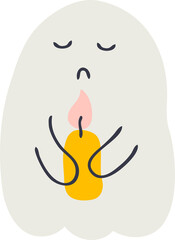Illustration of a sad ghost with a candle.
