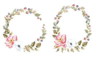 Watercolor floral wreath bouquet frame illustration set with peony white, peach autumn forest flowers, boho greenery,berry, fall wedding stationery, greeting cards, baby shower,it's a girl invite diy
