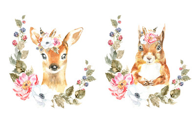 Watercolor woodland animal boho bunny, deer botanical frame isolated cute animal. Nursery forest illustration. Bohemian boho animals for baby shower invitation, nursery decor, print, greeting card