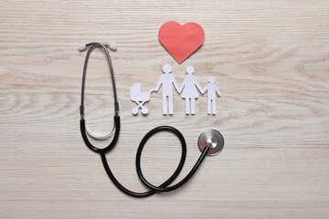Paper family cutout, red heart and stethoscope on white wooden background, flat lay. Insurance concept
